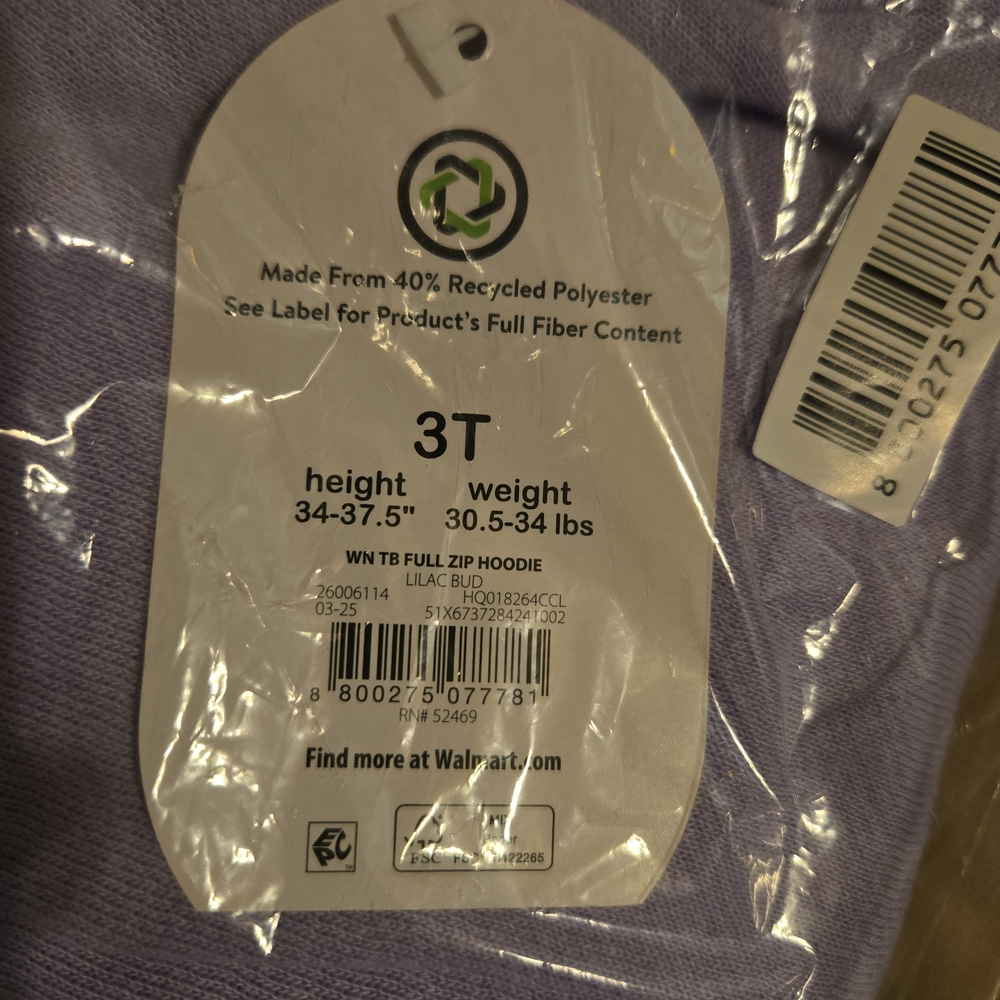 Lavender Little Girls Zip-Up Hoodie By Wonder Nation, Size 3T, NWT - Picture 4 of 4